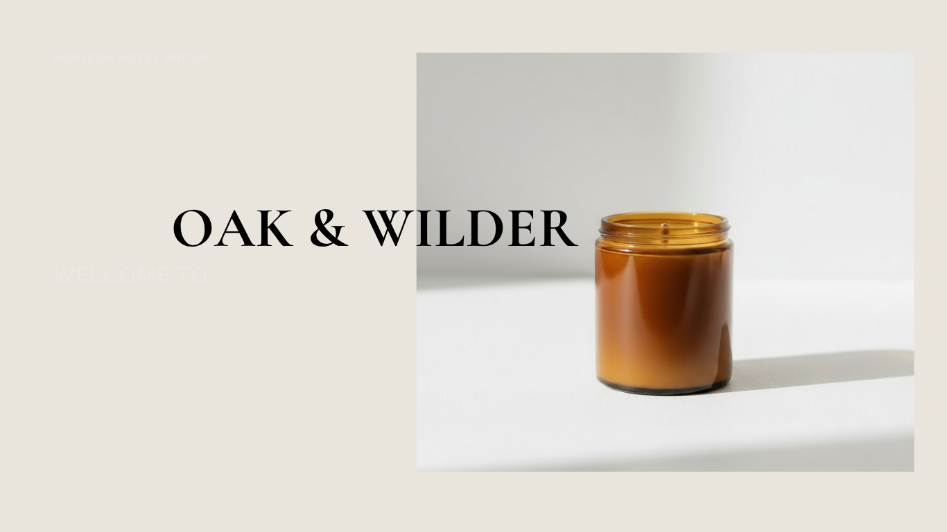 Brown candle in a glass jar on a white surface with 'Oak & Wilder' branding.